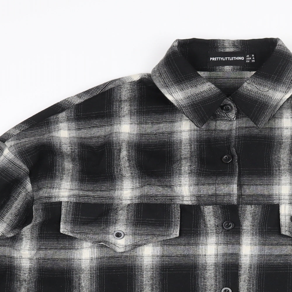 PRETTYLITTLETHING Womens Black Check Polyester Basic Button-Up Size 8 Collared - PLT Logo