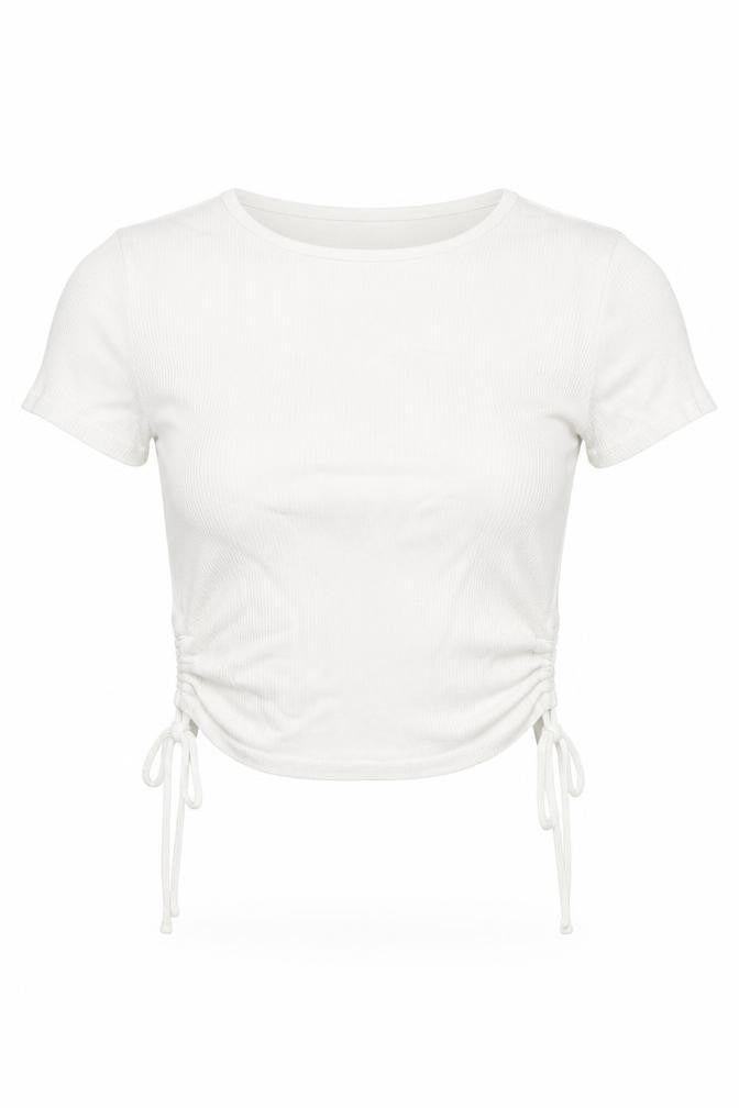 Divided by H&M Womens White Cotton Cropped T-Shirt Size S Round Neck - Drawstring Cut Out
