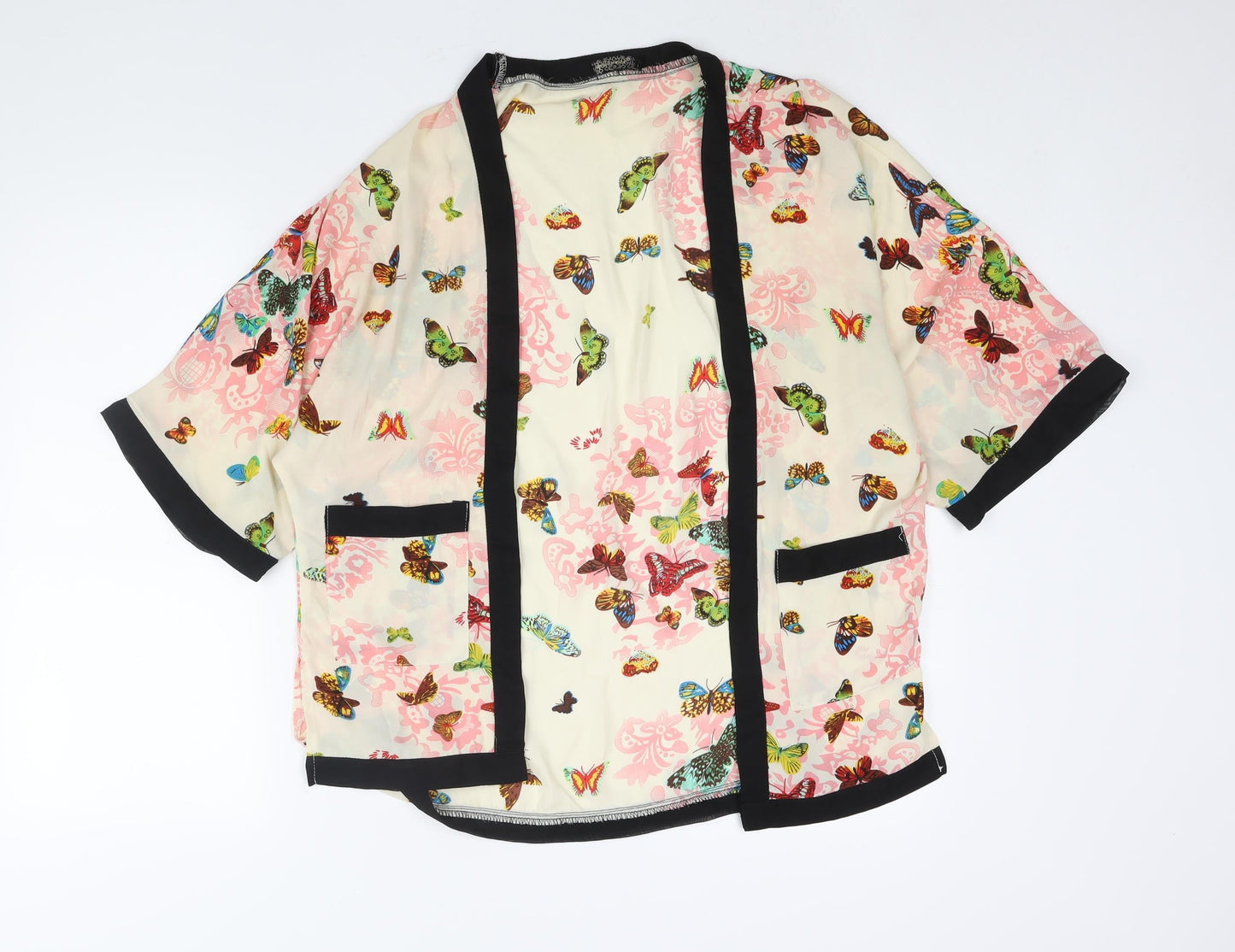 QED London Womens Beige Geometric Polyester Kimono Blouse Size M V-Neck - Butterfly Print