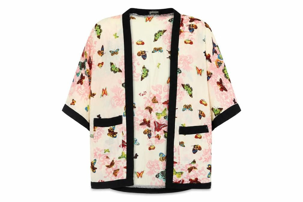 QED London Womens Beige Geometric Polyester Kimono Blouse Size M V-Neck - Butterfly Print