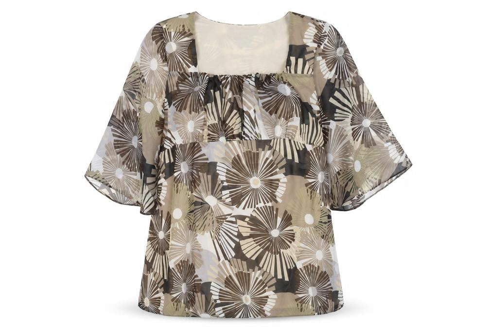 K&D Womens Brown Geometric Polyester Tunic Blouse Size 28 Square Neck - Belted