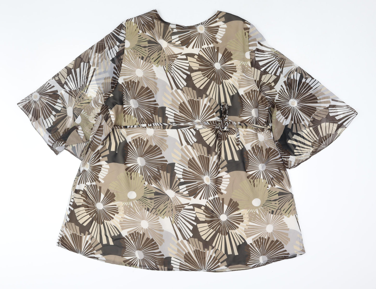 K&D Womens Brown Geometric Polyester Tunic Blouse Size 28 Square Neck - Belted