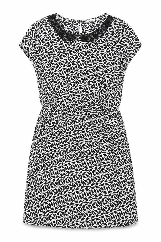 New Look Womens Black Geometric Polyester Shift Size 16 Round Neck Button - Bird Print Lace Collar Detail