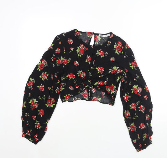 Zara Womens Black Floral Viscose Cropped Blouse Size S Round Neck - Keyhole Neck Twist