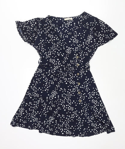 Oasis Womens Black Polka Dot Polyester A-Line Size S V-Neck Pullover - Button Detail Belted
