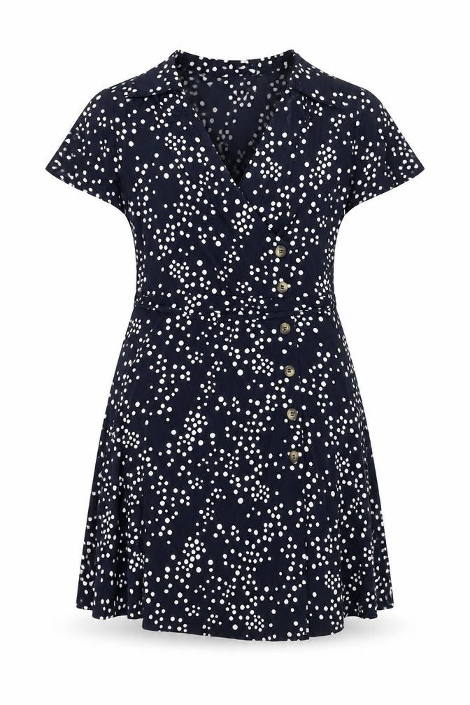 Oasis Womens Black Polka Dot Polyester A-Line Size S V-Neck Pullover - Button Detail Belted