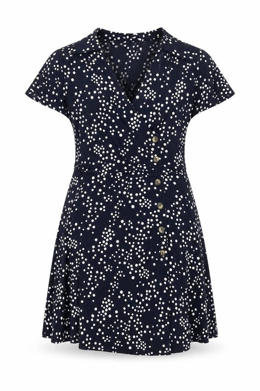 Oasis Womens Black Polka Dot Polyester A-Line Size S V-Neck Pullover - Button Detail Belted
