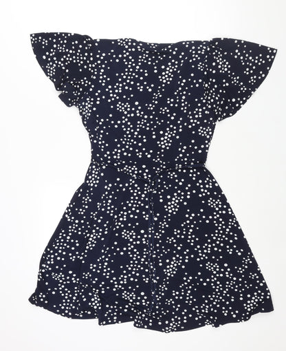 Oasis Womens Black Polka Dot Polyester A-Line Size S V-Neck Pullover - Button Detail Belted