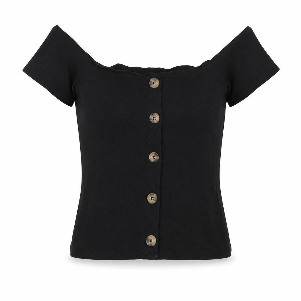 Terranova Womens Black Cotton Basic Blouse Size M Off the Shoulder - Button Detail