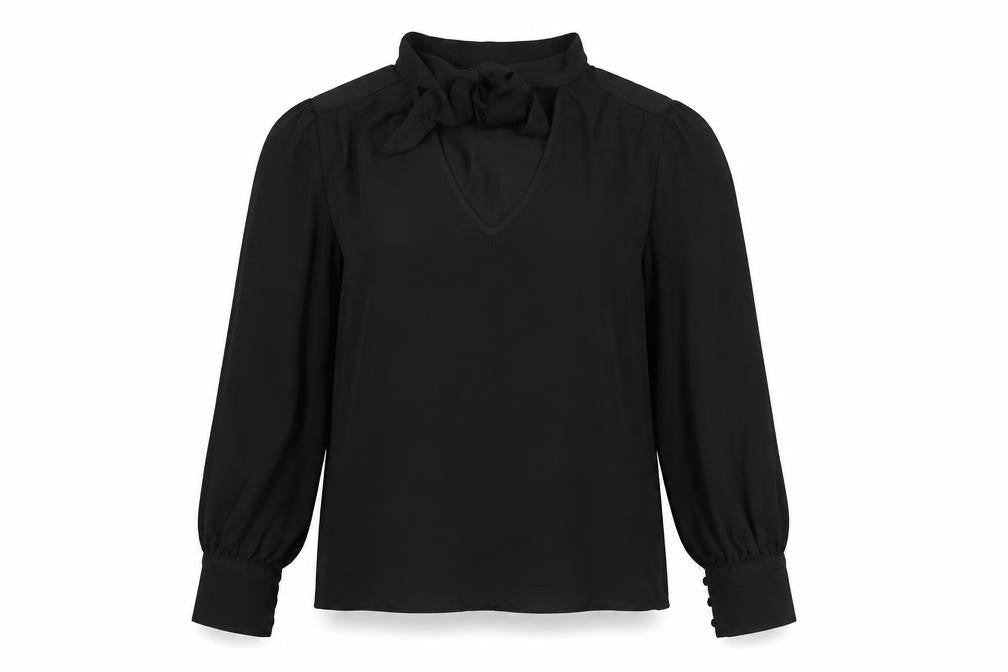 New Look Womens Black Polyester Basic Blouse Size 8 V-Neck - Bow