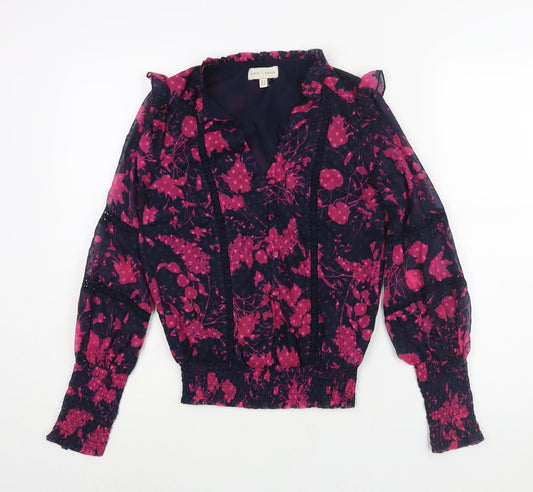 Love Roses Womens Blue Floral Polyester Basic Blouse Size 8 V-Neck - Lace Frill Button Detail