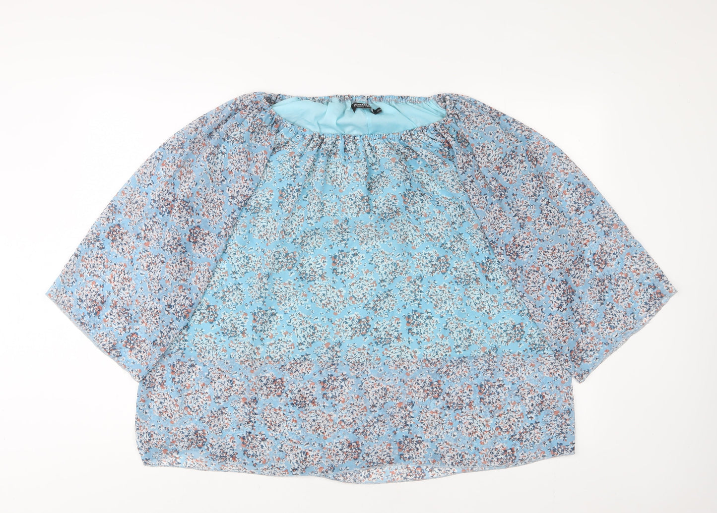 Natural Womens Blue Floral Polyester Basic Blouse Size S Boat Neck - S/M