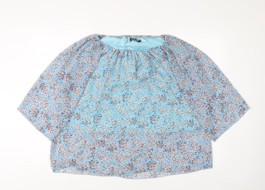 Natural Womens Blue Floral Polyester Basic Blouse Size S Boat Neck - S/M