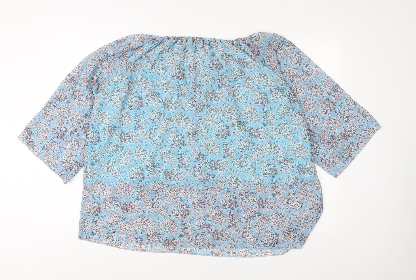 Natural Womens Blue Floral Polyester Basic Blouse Size S Boat Neck - S/M