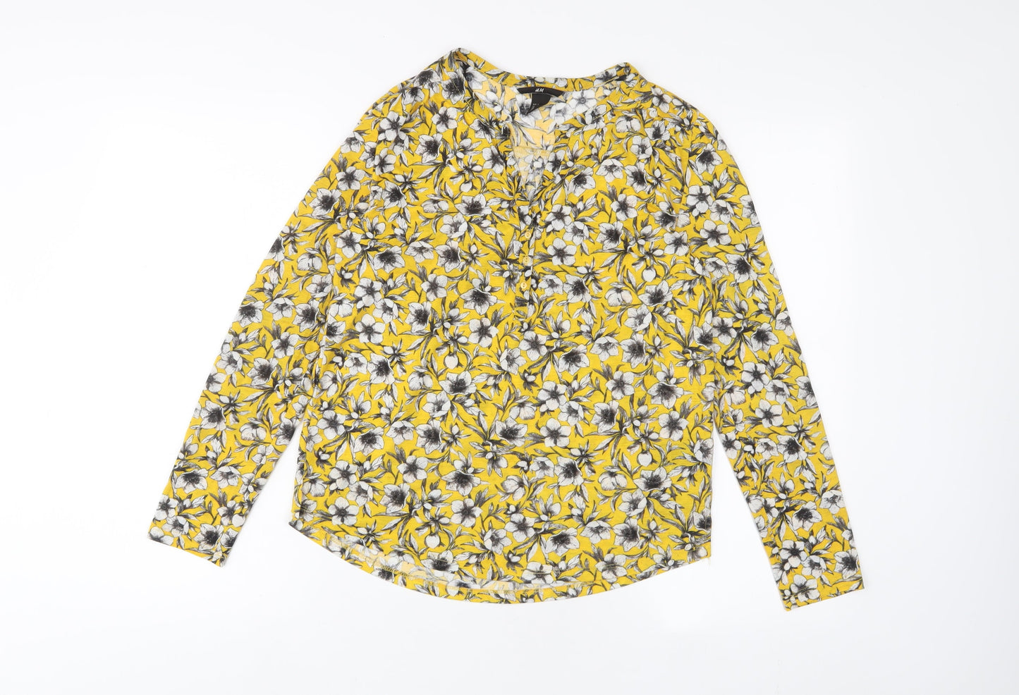 H&M Womens Yellow Floral Polyester Basic T-Shirt Size XS V-Neck - Buttons