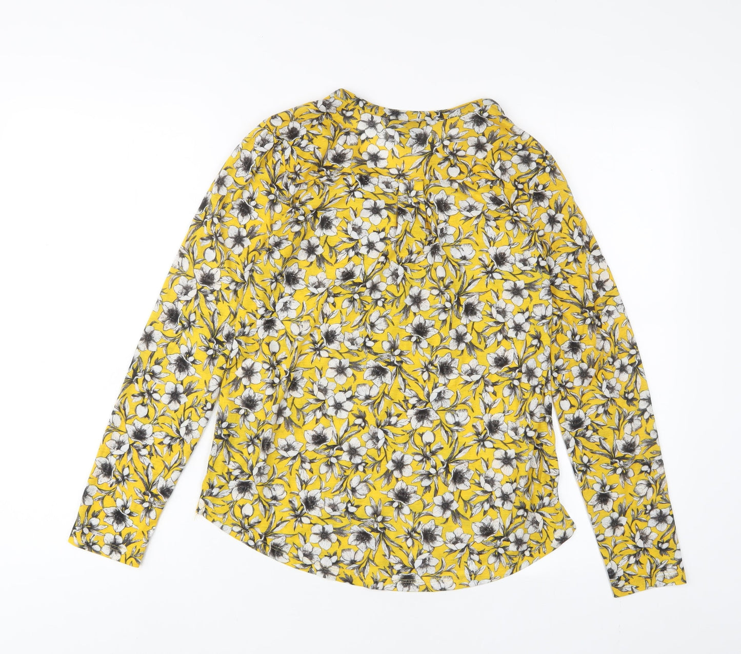 H&M Womens Yellow Floral Polyester Basic T-Shirt Size XS V-Neck - Buttons