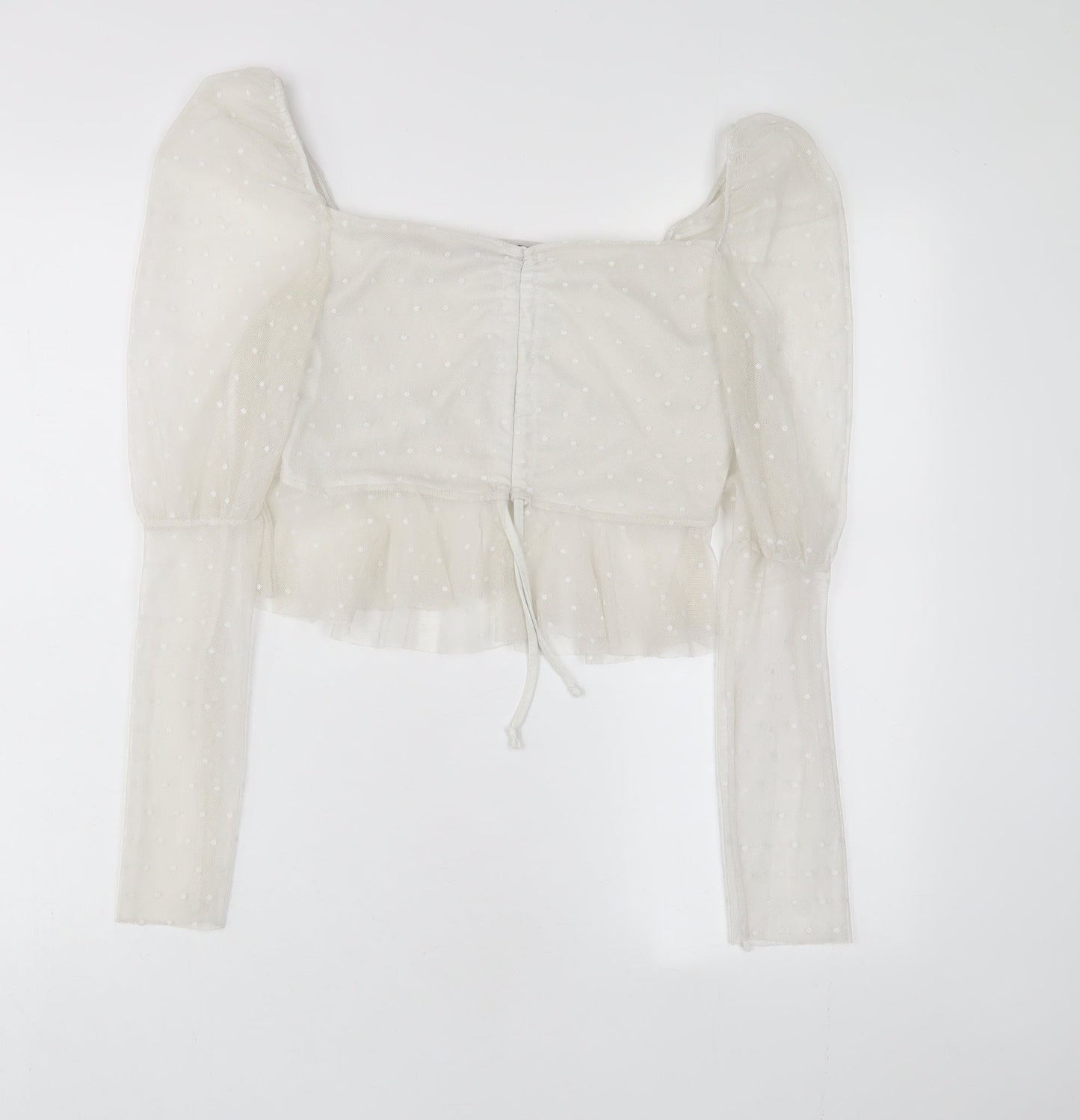 Boohoo Womens White Polka Dot Polyester Cropped Blouse Size 12 Square Neck - Embroidered