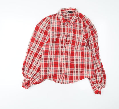Monki Womens Red Plaid Cotton Basic Button-Up Size S Collared