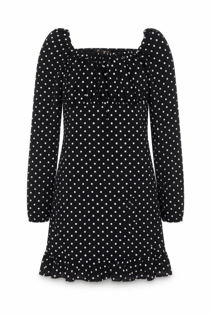 Pink vanilla Womens Black Polka Dot Polyester A-Line Size 6 Square Neck Pullover - Pleated