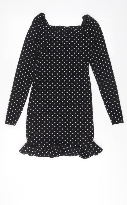 Pink vanilla Womens Black Polka Dot Polyester A-Line Size 6 Square Neck Pullover - Pleated