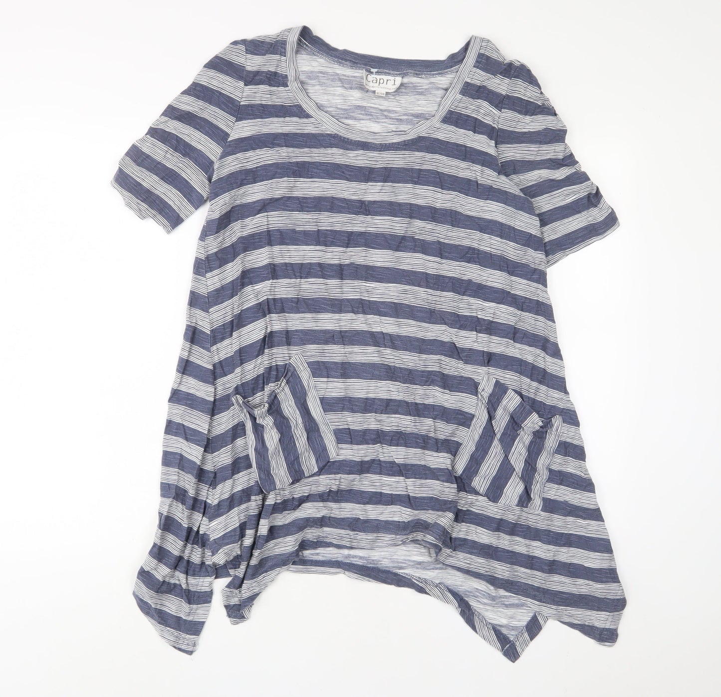 Capri Womens Blue Striped Cotton A-Line Size S Scoop Neck Pullover - Pockets