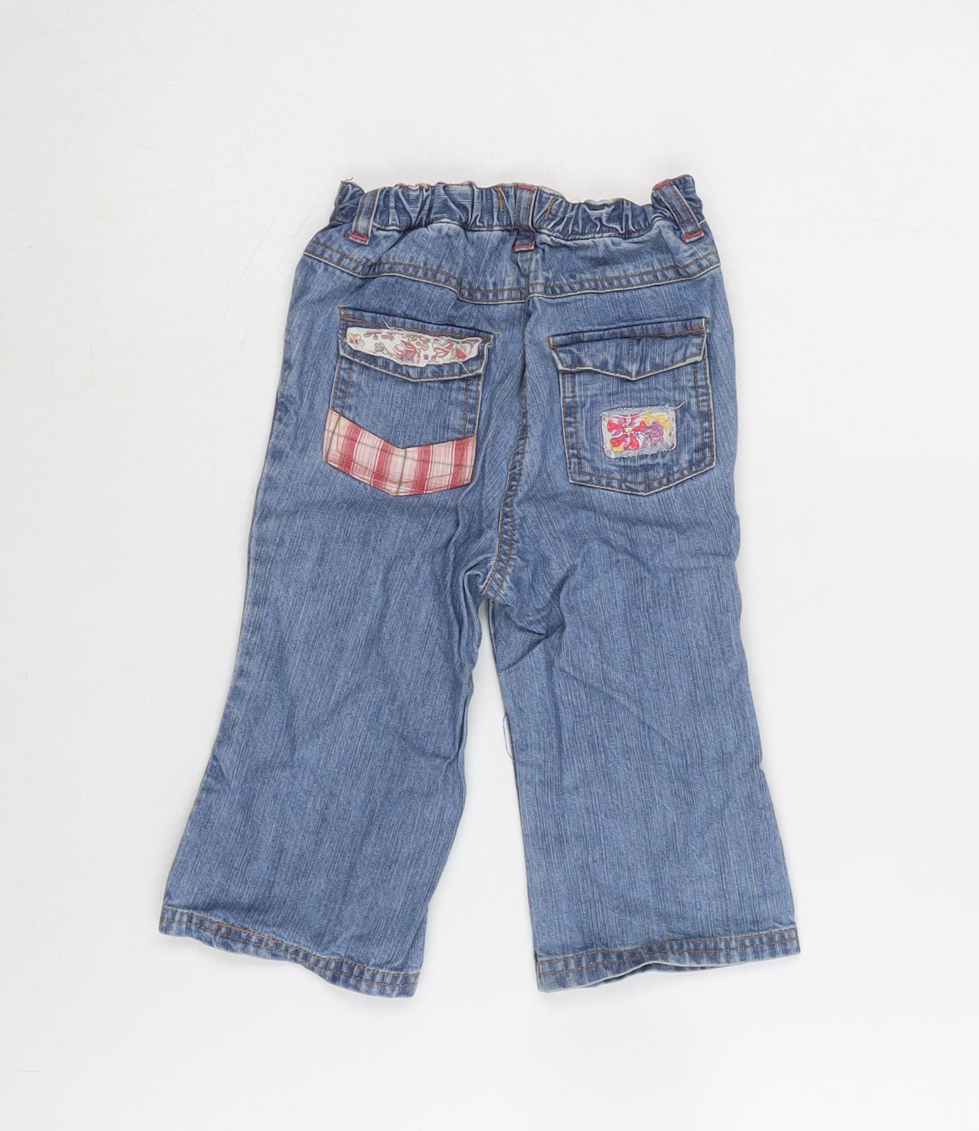Kitchoun Girls Blue Cotton Capri Jeans Size 18 Months Snap - Embroidered