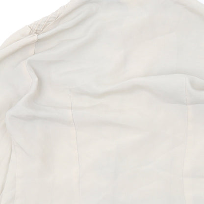 Brand and care label for ICHI women’s beige polyester basic button-up, size UK 8, collared