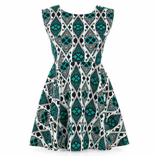 Louche Womens Green Geometric Cotton Skater Dress Size 10 Boat Neck Zip