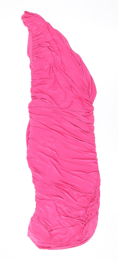 Additional front view of I SAW IT FIRST women’s pink polyester bodycon, size UK 14, one shoulder pullover