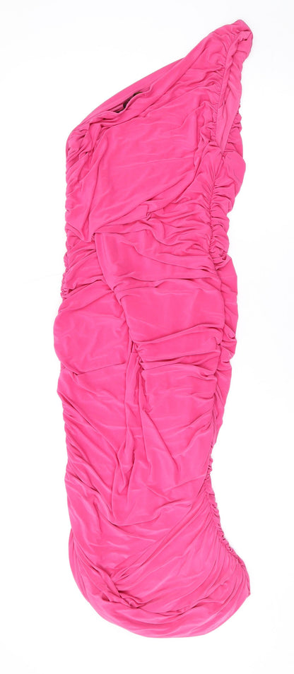 Back view of I SAW IT FIRST women’s pink polyester bodycon, size UK 14, one shoulder pullover
