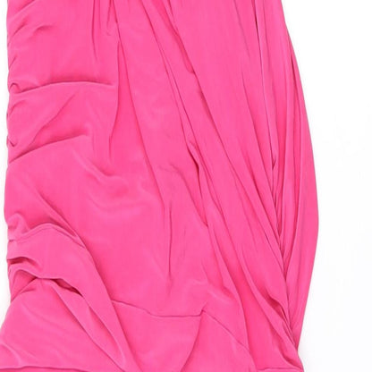 Close-up detail of I SAW IT FIRST women’s pink polyester bodycon, size UK 14, one shoulder pullover