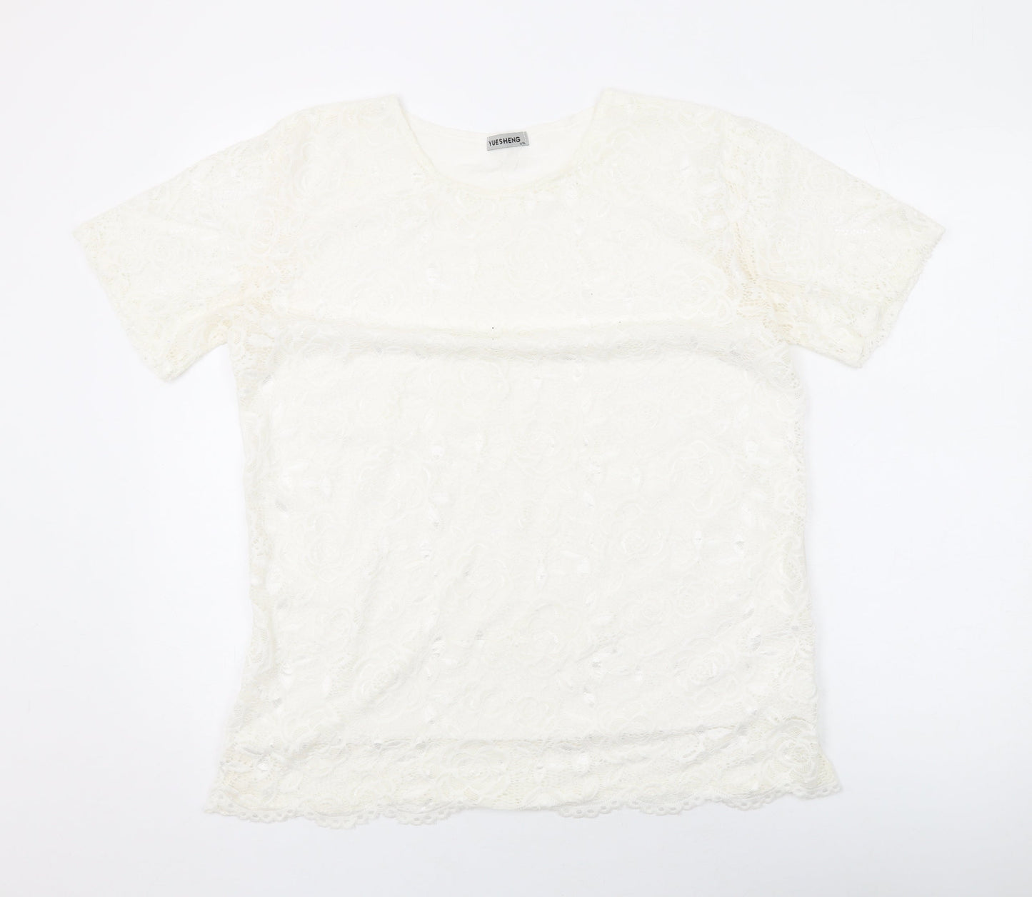 Yue Sheng Womens White Polyester Basic T-Shirt Size L Round Neck