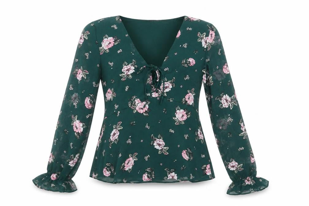 Divided by H&M Womens Green Floral Polyester Basic Blouse Size 8 V-Neck