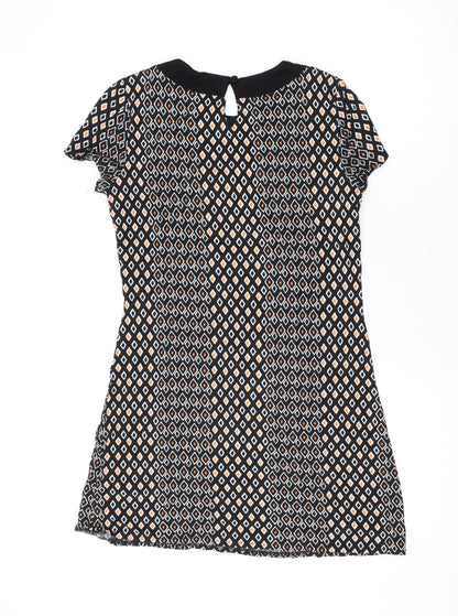 Back view of Principles women’s black geometric viscose a-line, size UK 12, scoop neck button