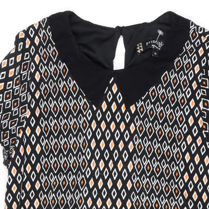 Close-up detail of Principles women’s black geometric viscose a-line, size UK 12, scoop neck button