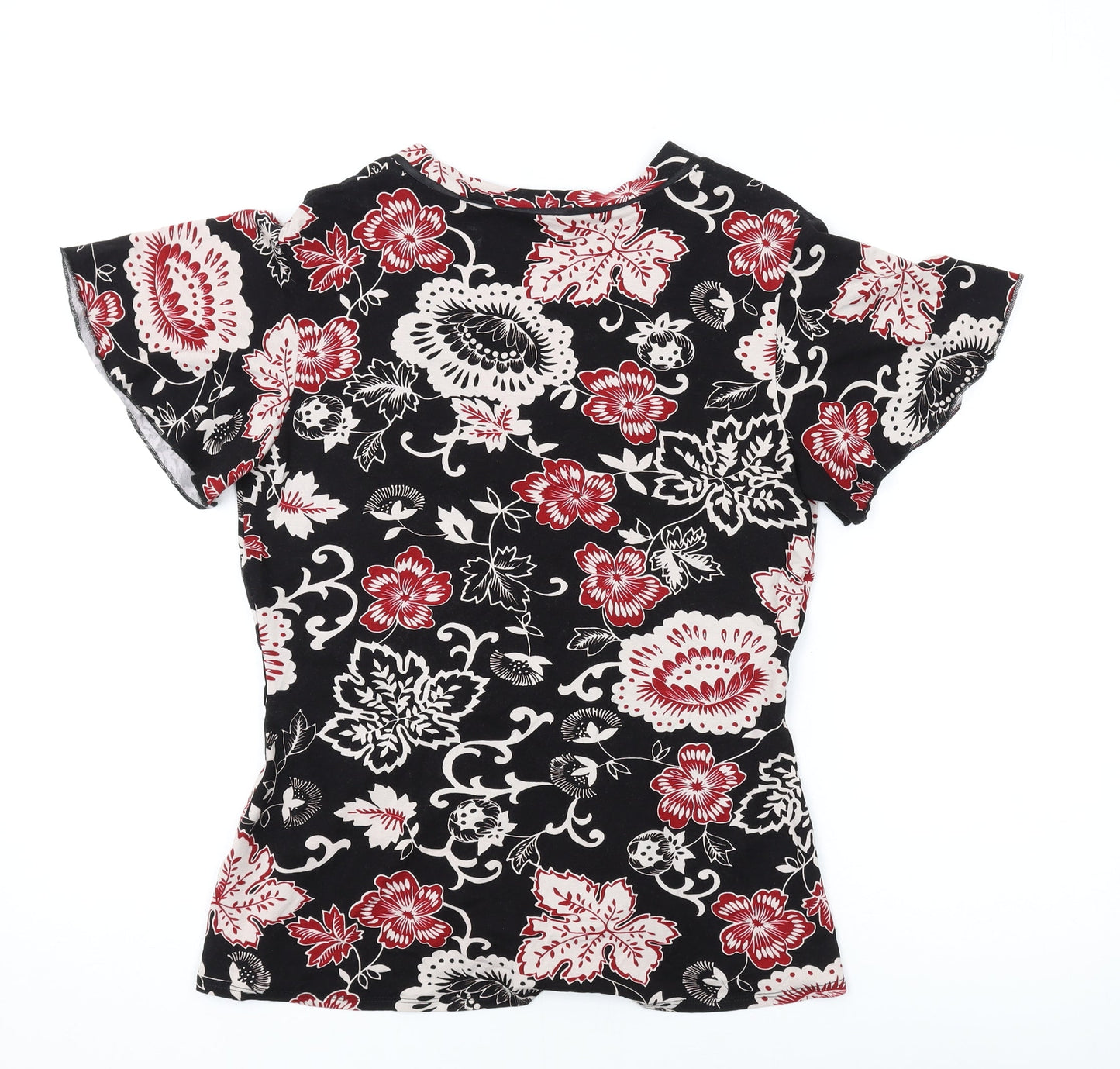 Marks and Spencer Womens Black Geometric Viscose Basic T-Shirt Size 14 V-Neck