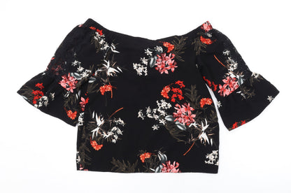 Additional front view of Miss Selfridge women’s black floral polyester basic blouse, size UK 8, off the shoulder
