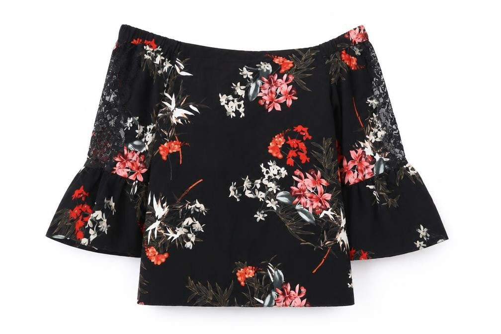 Miss Selfridge Womens Black Floral Polyester Basic Blouse Size 8 Off the Shoulder