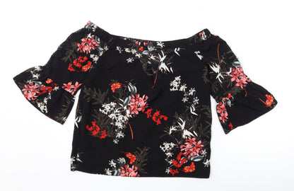 Back view of Miss Selfridge women’s black floral polyester basic blouse, size UK 8, off the shoulder