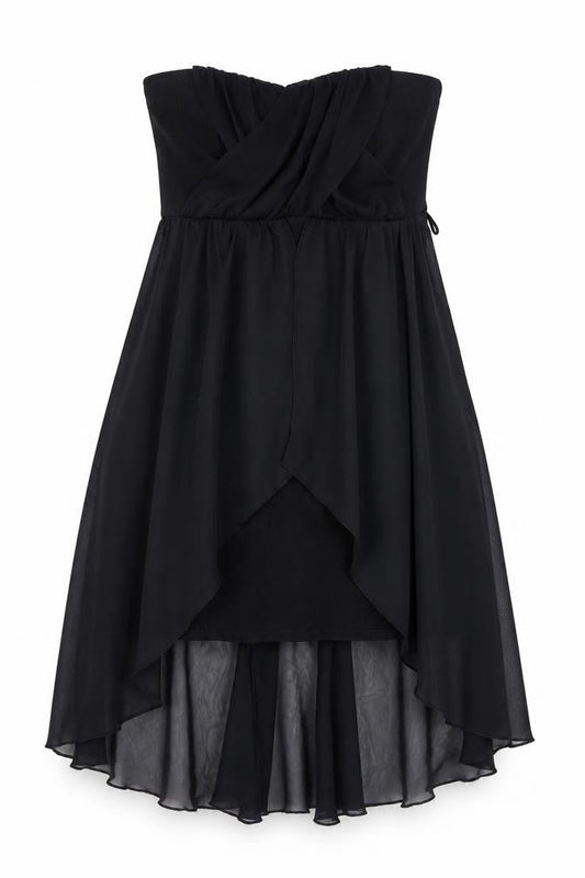 Front view of Red Herring women’s black polyester a-line, size UK 12, off the shoulder zip
