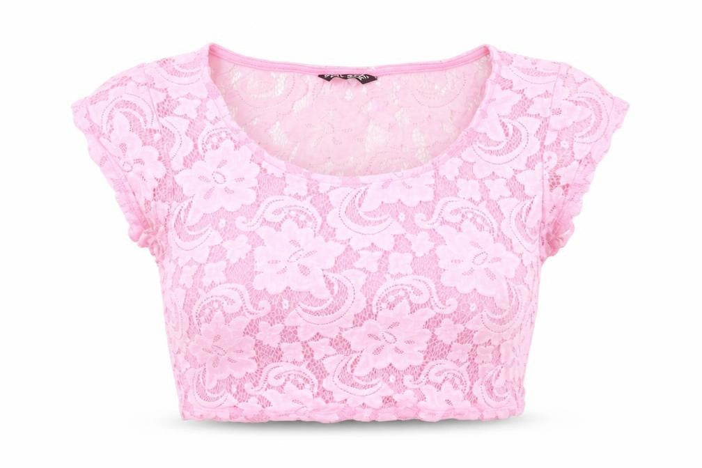 Select Womens Pink Polyester Cropped T-Shirt Size 14 Scoop Neck