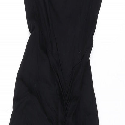Close-up detail of ASOS women’s black viscose bodycon, size UK 10, scoop neck pullover