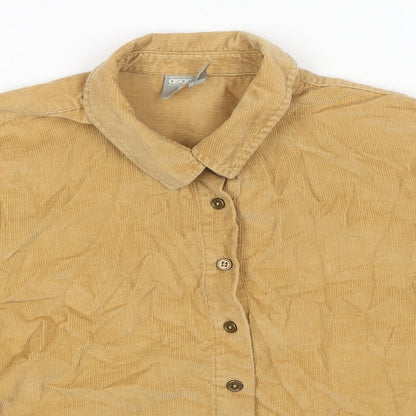 Close-up detail of ASOS women’s beige cotton cropped button-up, size UK 10, collared