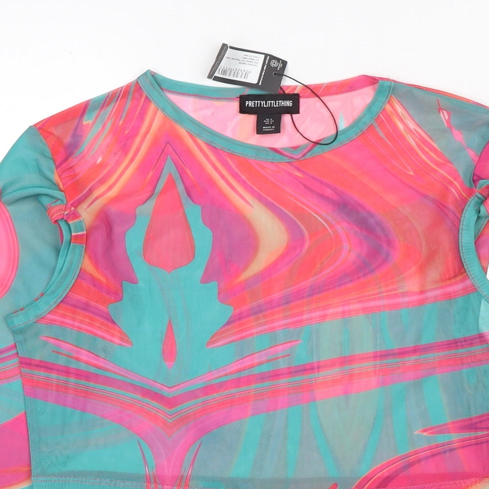 PRETTYLITTLETHING Womens Multicoloured Geometric Polyester Cropped T-Shirt Size 8 Round Neck - Cut Out Detail