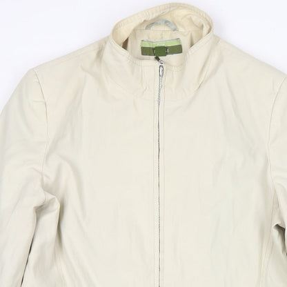Close-up detail of NuAge women’s beige jacket coat, size UK 10, zip
