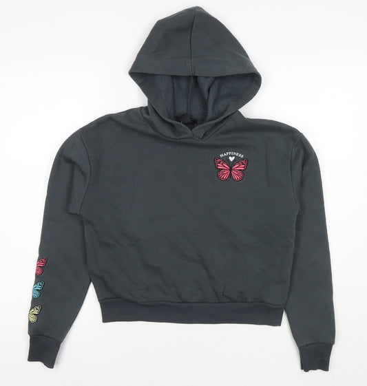 New Look Girls Grey Cotton Pullover Hoodie Size 12-13 Years Pullover - Happiness Butterflies