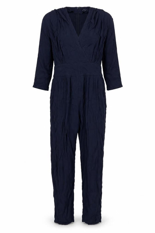 Front view of French Connection women’s blue acetate jumpsuit one-piece, size UK 12, 31-inch leg zip