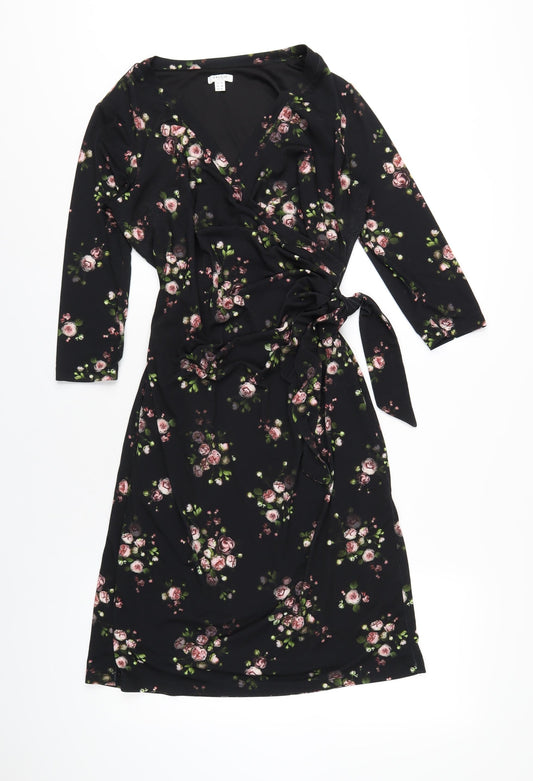 Precis Womens Black Floral Polyester A-Line Size 10 V-Neck Pullover