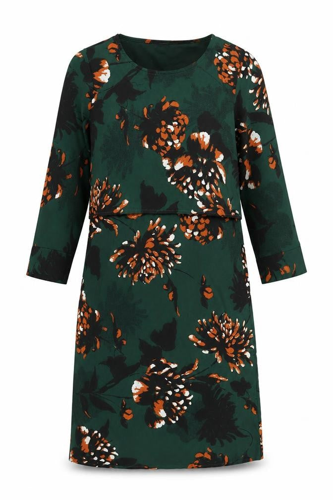 Mamalicious Womens Green Floral Polyester A-Line Size M Round Neck Zip