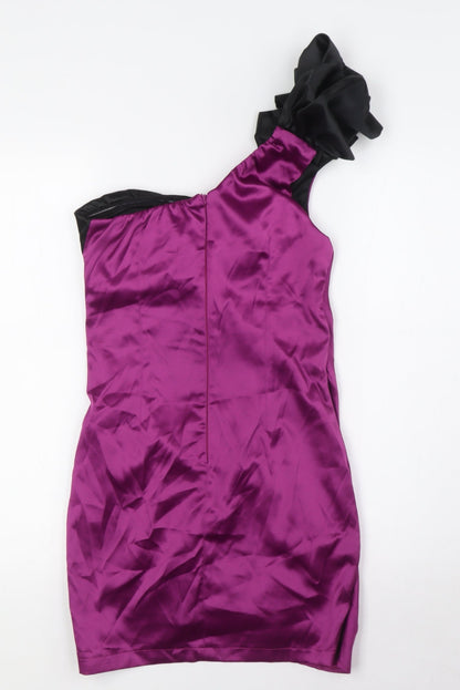 Back view of AX women’s purple polyester bodycon, size UK 8, one shoulder zip